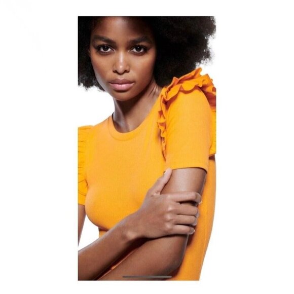 NWT Zara orange ruffle shoulder rib bodysuit, S - Picture 5 of 13